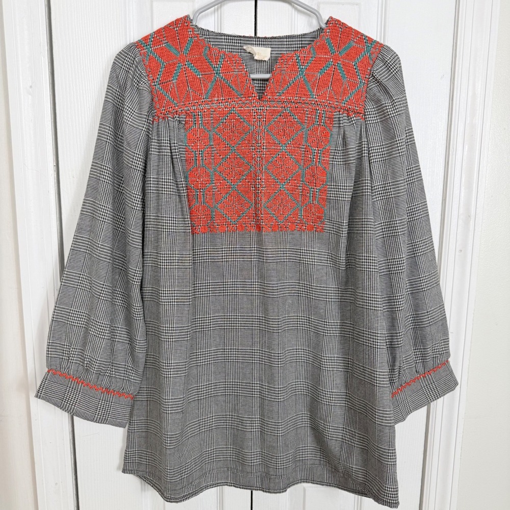 Layerz Clothing Plaid Embroidered Tunic Medium Gray Boho Dark Academia Blouse
